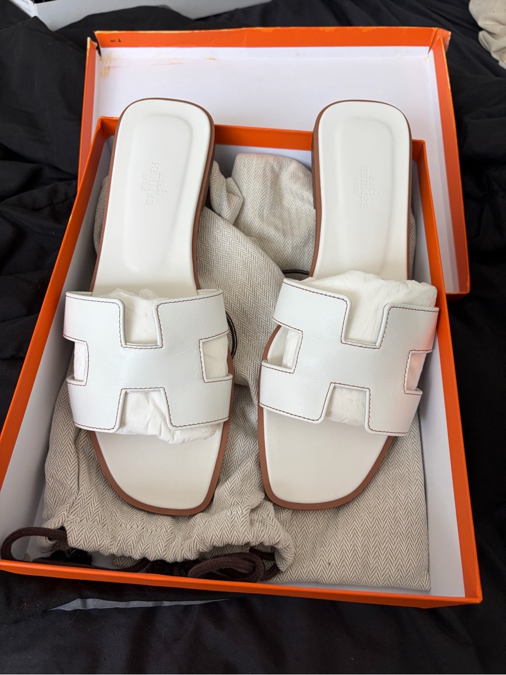 Hermes White Leather Oran Slide Sandals